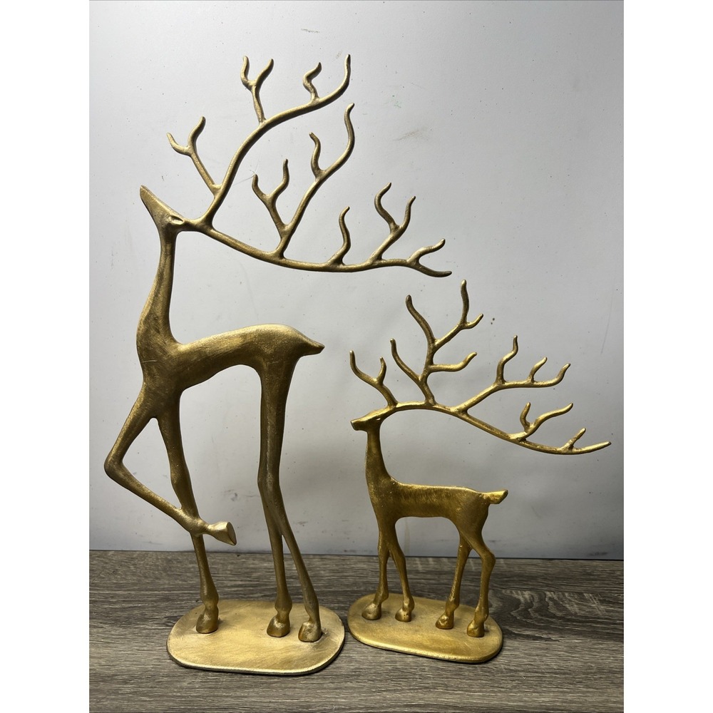 Pottery Barn Brass Sculpted Reindeer Deer Medium 15.75" + Small 10.25" Christmas